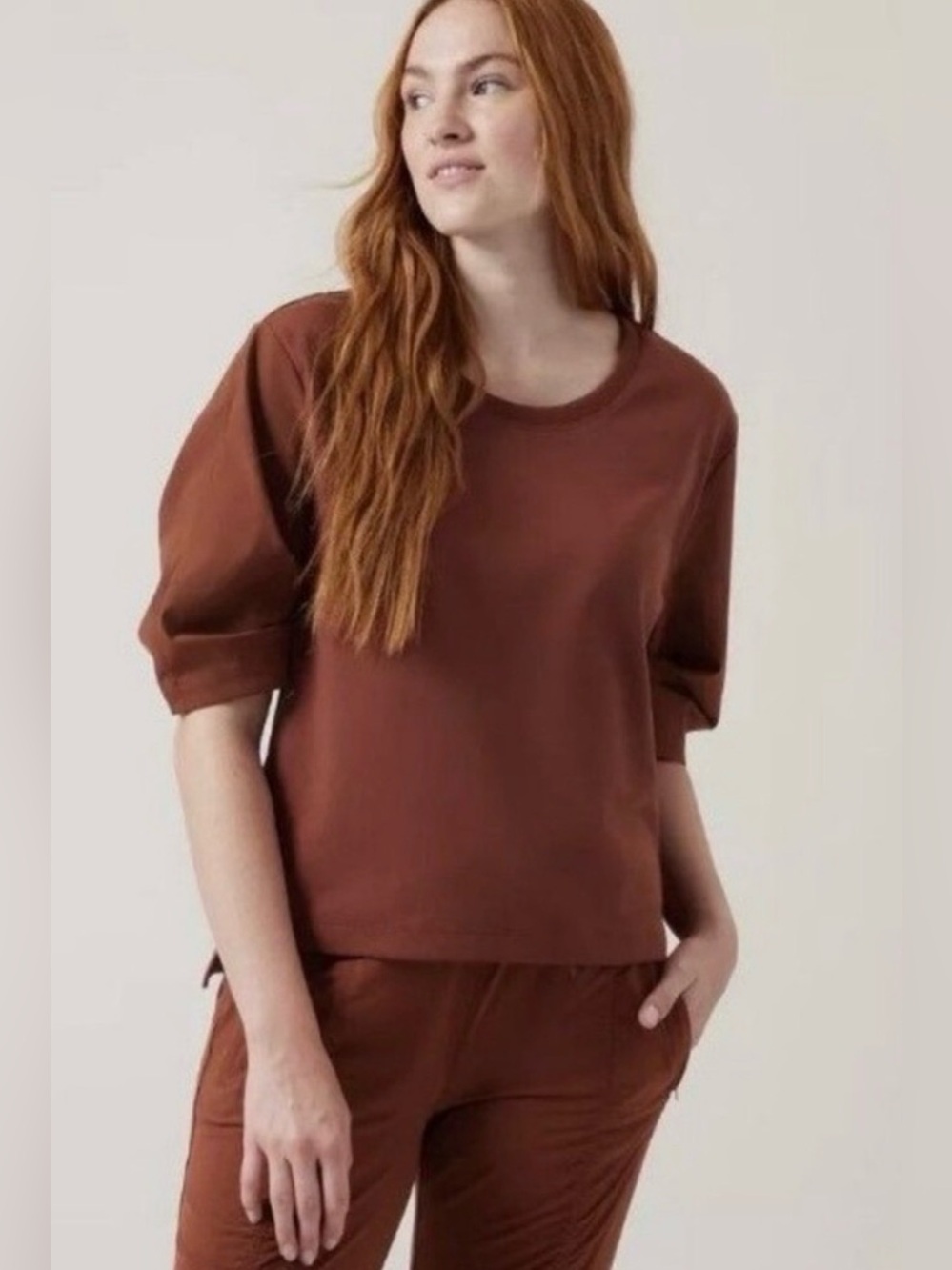Athleta Harlow Hybrid Tee in Ancient Mahogany Brown-Soft Relaxed Fit-XSTP